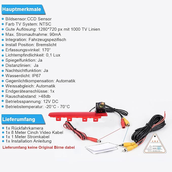 HD 1280x720 Pixels 1000 TV Line 3rd Brake Light Reversing Camera Brake lamp Parking Camera Replacement for Replacement for VW T5 T6 ab 2010 Caravelle Multivan Transporter Van Einparkhilfe Wasserdicht