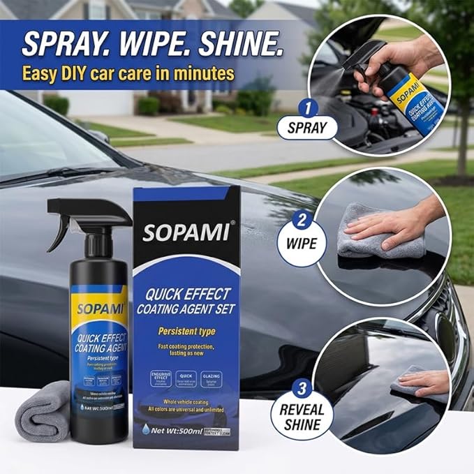 Sopami Ceramic Spray Coating, High Shine Car Wax, 3-in-1 Car Detailer | Waterless Car Wash, Long-lasting Hydrophobic, High Gloss Shine, for Window Glass, Wheels, Trim,17.5 oz with Towel (Pack of 3)