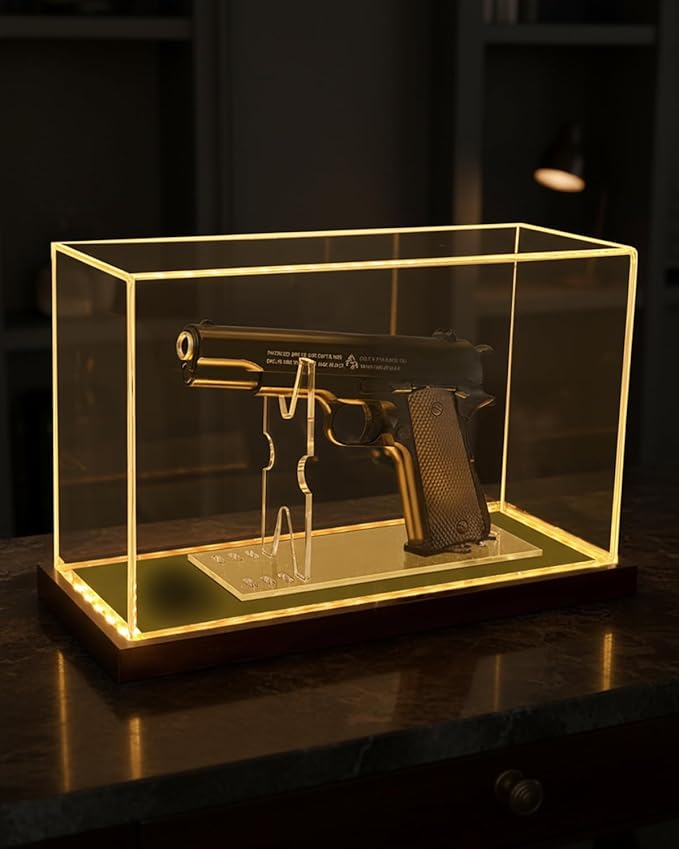 Premium Acrylic Pistol Display Case with Amber Yellow LED Light, Solid Wood Base & Built-in Stand | UV Resistant Pistol Display Box for Gun Collector, Fits Most Pistols - 12" x 5.3" x 7.5"