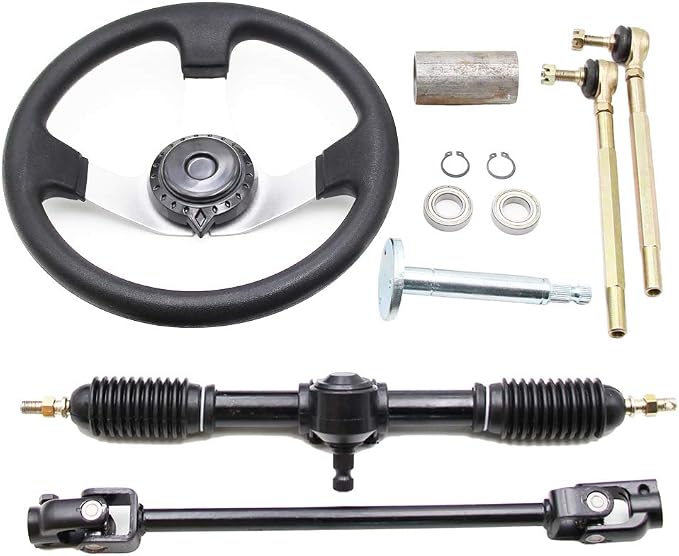 PRO BAT 300mm/11.8'' Steering Wheel Steel Kit 420mm/16.5'' Gear Rack Pinion Adjustable Shaft Set Replacement for 50cc 70cc 90cc 110cc 125cc 140cc 150cc Go Kart Cart Golf UTV Buggy