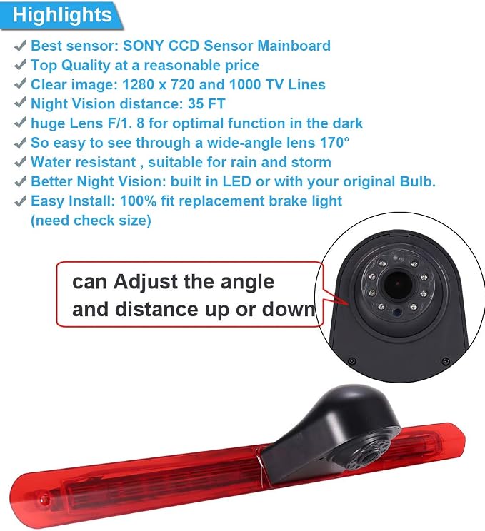 Super HD 1280x720 Pixels 1000 TV Lines 3rd Brake Light Reversing Camera Brake lamp Parking Camera Back up for Mercedes Benz Vito W447 Kasten Tourer V260 Mixto 3 ab 2014+4.3" car Reverse Screen