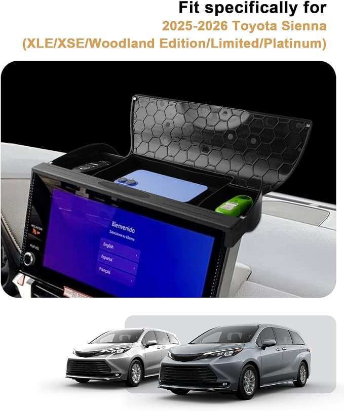 ECOZEN 2026 Sienna Dash Organizer Tray - Upgraded Flip-Top Behind Screen Organizer For 2025-2026 Sienna(XLE/XSE/Woodland Edition/Limited/Platinum) Accessories - Dashboard Storage Behind Screen Tray