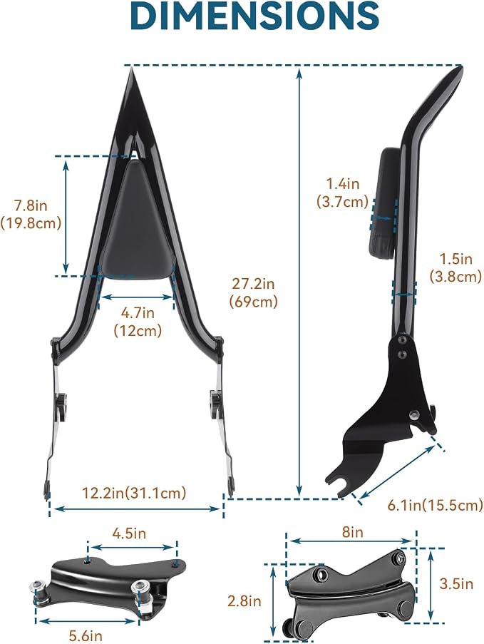 28" Sissy Bar for Harley, Detachable Passenger Backrest with 4-Point Docking Hardware Kit, Rear Back Pad Fit for Harley Davidson Street Glide Road Glide Electra Glide Road King 2014-up Black