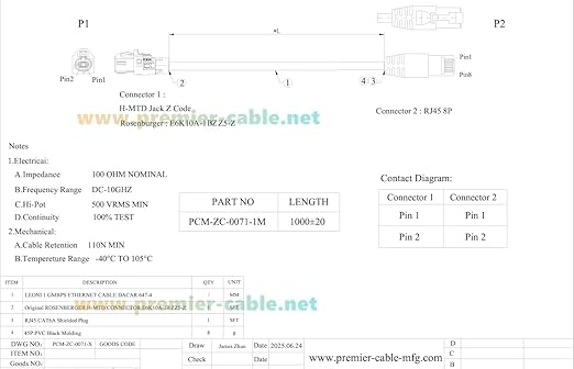 Rosenberger E6K10A-1BZZ5-Z H-MTD to RJ45 Cat6A Automotive Ethernet Cable 1Gbps 100/1000BASE-T1 Shielded Harness for ADAS, Infotainment, Car Camera, GPS Navigation, Vehicle Diagnostics(1M/3.28FT)