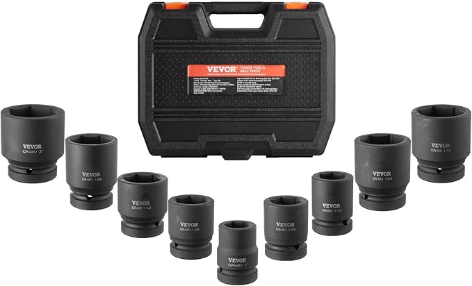 VEVOR Axle Nut Impact Socket Set - 1" Drive 6-Point 9-Piece SAE Spindle Nut Socket CR-MO Heat Treated Large Socket Set with Storage Case for Auto Repair, Removing or Installing Axle Nuts