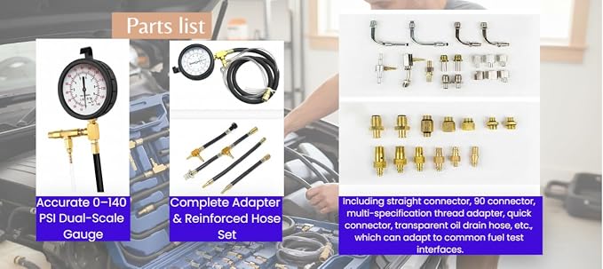 Fuel Injection Pressure Tester Kit 0-140 PSI, Universal Fuel Pump Pressure Gauge Set with Quick Release Valve, Reinforced Hoses & Multi-Size Adapters for Gasoline Engine Diagnostic (((TU-443Red))) | Fuel Injection Pressure Tester Kit 0-140 PSI