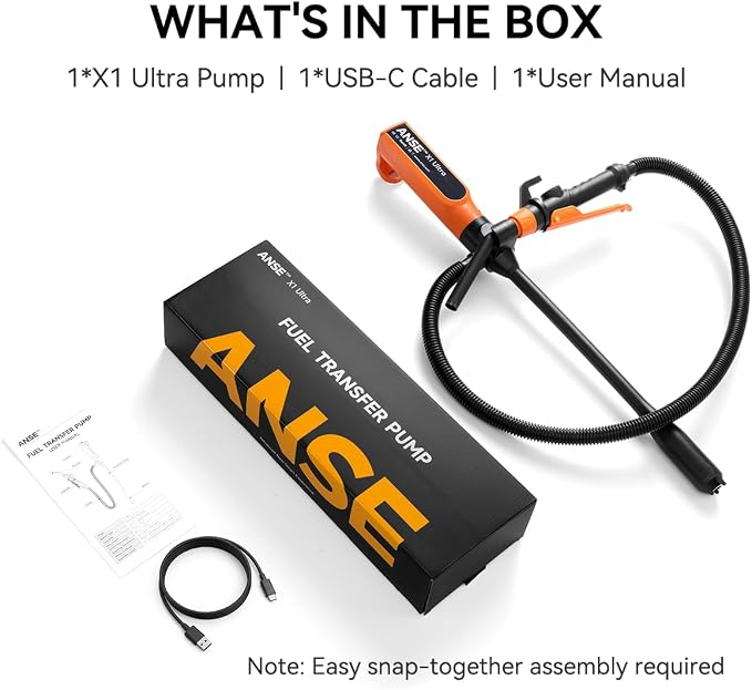 ANSE Rechargeable Fuel Transfer Pump Battery Powered (Model X1 Ultra) | Built-in 6000mAh Battery, USB-C Charge, Patented Waterproof Motor, 90 to 120min Runtime, 2.7GPM