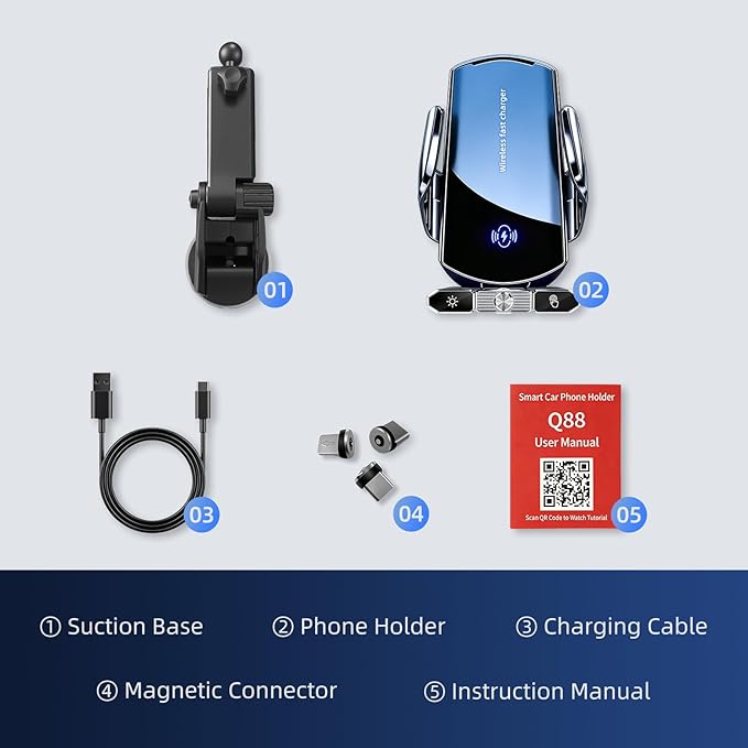 Car Phone Holder,Car Mount Charger,15W Wireless Charging & 10W Magnetic Charging(3 Connectors),Auto-Clamping Hands Free,Suction Cup Mount for Windshield,Mirror & Screen,Car Accessories & Gift