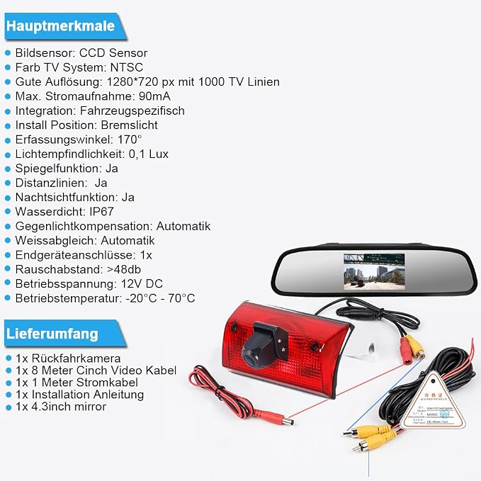 Third Roof Brake Lamp Car Backup Camera Fit for Mercedes Benz Freightliner Sprinter 2500 3500 W901 W902 W903 W904 B901 B902 B903 B904 B905 616 Dodge Cargo VW LT Mk 28-35 Bus 28-46+4.3" Reverse Mirror