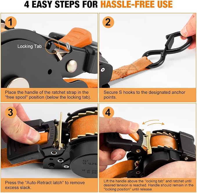 Retractable Ratchet Straps (4-Pack) - 1 Inch x 10 Feet (1,764lb Break Strength) - Heavy Duty Auto Self Retracting Tie Down Straps for Truck, Cargo Trailer, Motorcycle, ATV, UTV – Orange