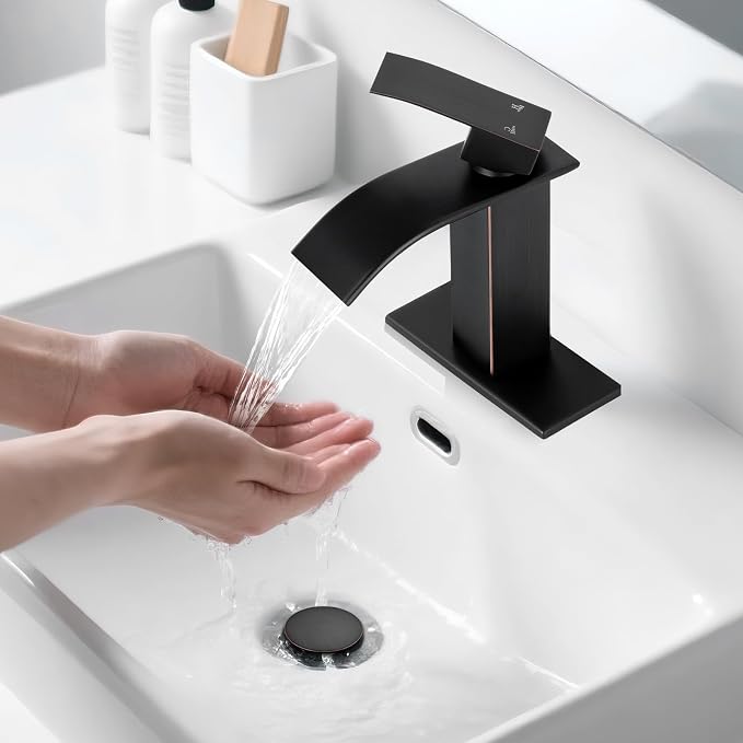 ORB Bathroom Faucets, Waterfall Bathroom Sink Faucet Modern Single Handle Bathroom Faucte 1 or 3 Hole, RV Mixer Tap Vanity Faucet - Includes Pop-up Drain Supply Hoses Deck Plate