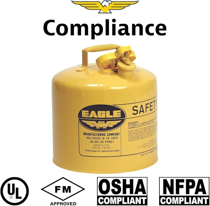 Eagle 5 Gallon Type I Yellow Safety Gas Can for Diesel with Flame Arrester and Self-Closing Lid, Made in the USA, Galvanized Steel Flammable Storage Can, UI50SY