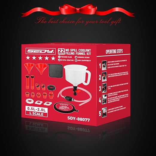 22-Piece No-Spill Coolant Filling Funnel Kit and Siphon Hose Pump, Radiator Coolant Filling Spill-Proof Funnel Kit with Adapters, Extensions, PVC Hose, Engine Oil Funnels, Towel for Universal Vehicle