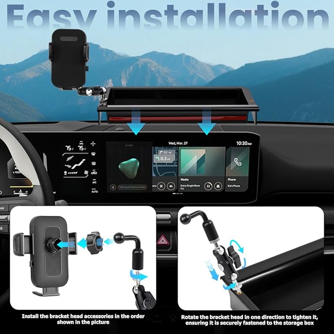 Car Phone Holder Compatible with Kia K4 2025 2026 Accessories 12.3-Inch Screen Fixed Clip, Cell Phone Mount with Dash Organizer Storage Box Hands-Free 360° Rotation