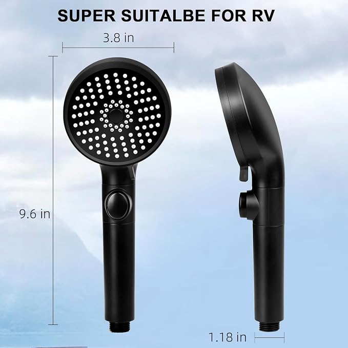 RV Shower Head with Hose, High Pressure 5 Mode Shower head Replacement, Handheld Showerhead for RV/Campers, Travel Trailer for Water Saving, Showerheads Holder and Hose, On Off Switch, Black