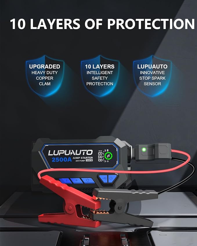 2500A Jump Starter with 150PSI Air Compressor 12V Battery Box Jumper Pack | 7.5L Gas, 5L Diesel, Low Voltage Forced Start, LCD Display, 400LM Emergency Flashlight