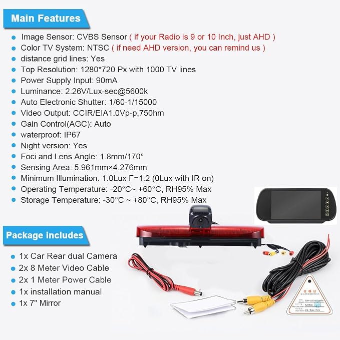 HD Waterproof Car Reverse 3rd Brake Light with Dual Double Rear View Parking Camera, for Ford Transit Connect 2/XL Cargo Titanium Passenger/Connect Tourneo PJ2 Van V408 (with 7-inch Rearview Mirror)