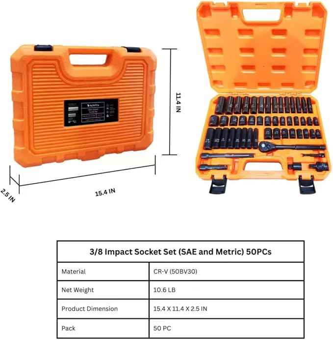 3/8" Drive Impact Socket Set, 50-Piece Standard SAE (5/16 to 3/4 inch) and Metric (8-22mm),6 Point, with Ratchet Handle, Extension Bar (3/8" Socket Set, Metric and SAE, 50pcs)