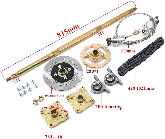 815mm /32'' Rear Axle Assembly Kit with Shaft & Hub & Chain & Brake Master Cylinder compatible with Buggy Go Kart Golf UTV ATV Accessories