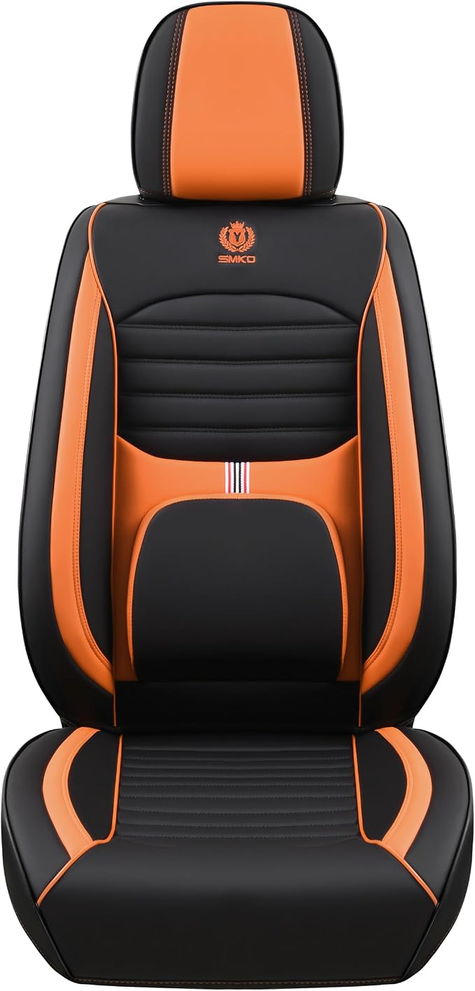 BGYFDU03 Seat Cover 5-Seater Full Set, Universal Type, Suitable for Most Cars Pickup Ttrucks Airbags Compatible with Synthetic Leather Car Seat Cushion Protectors (Black-Orange)