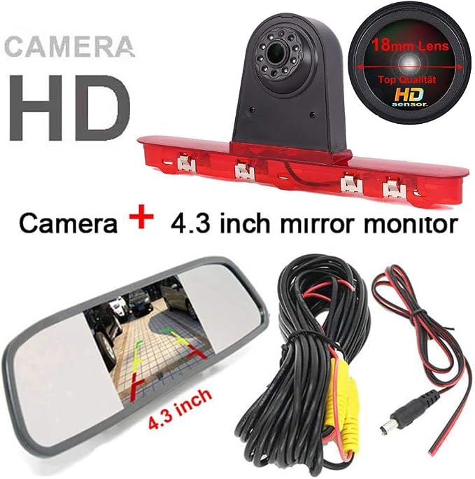 1280 * 720 Pixel Third Roof Brake Lamp Car Backup Camera Replacement for Toyota Proace Citroen Jumpy Kasten Spacetourer Peugeot Expert Kasten Traveller Bus Waterproof Parking+4.3" Reverse Mirror