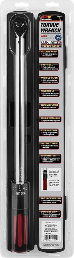Performance Tool M199 1/2-Inch Drive Click Torque Wrench With Patented Torque Adjusting Locking Collar (25 to 250 ft/lb)