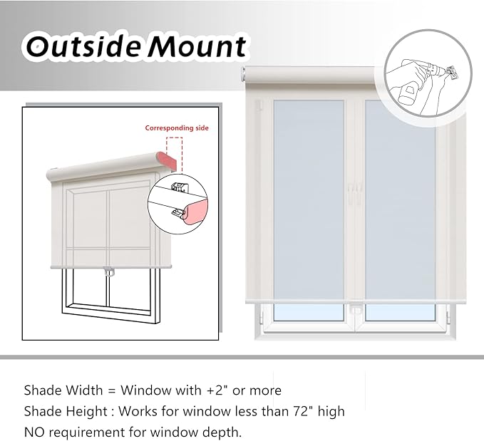 AOSKY Cordless Roller Shades for Windows Light Filtering Shades with 5% Openness Solar Screen Semi Sheer Roller Blinds UV Protection for Office and Home. Easy to Install 34" W x 72" H (White)