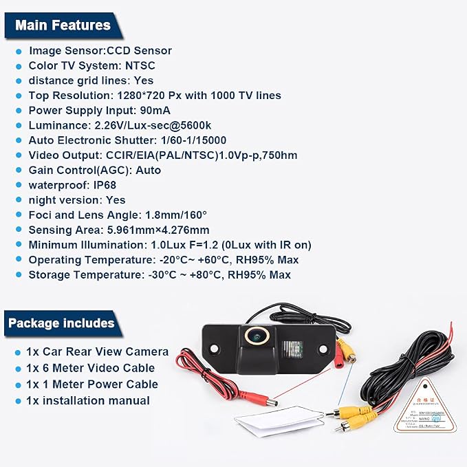 Caros Fisheye 1280x720 Pixels car Backup Camera Reverse Parking Rear View Vehicle Camera Replacement for Ford Mondeo Focus(2 Carriage) C-Max Sedan(3 Carriage) MK Waterproof Night Vision Wide Angle