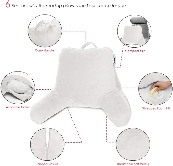 Nestl Reading Pillow for Kids & Teens with Shredded Memory Foam, Backrest Pillows for Reading, Watching, and Gaming, Use on The Couch, Bed, or Floor, Adjustable Support with Washable Cover White