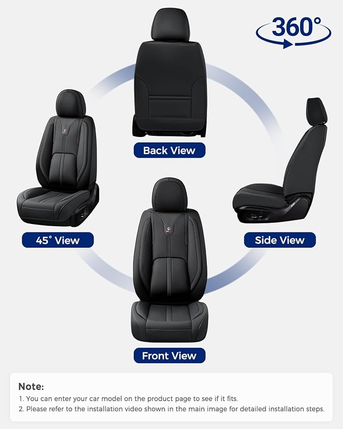 Huidasource Black Front Seat Cover Luxury Nappa Leather, Front Car Seat Cover with Airbag, Front Storage Pocket, Lumbar Support, Cooling&Heating, Universal Fit for Most Cars SUV Trucks, Black