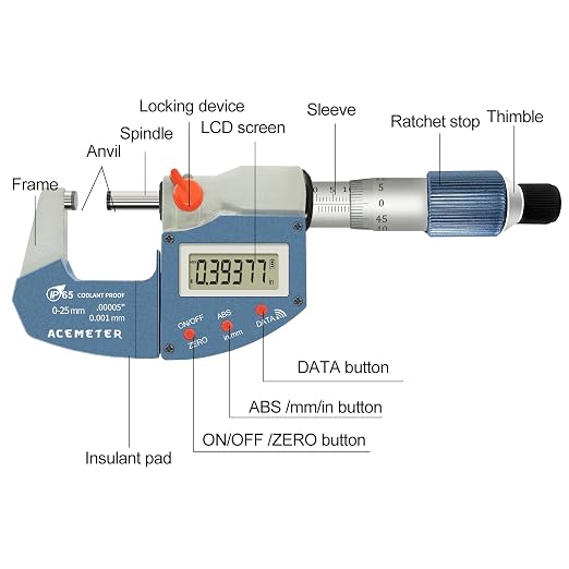 Digital Micrometer Metric & Inch, 0.00005" Resolution, 0.0001" Accuracy Stainless Steel Micrometer for DIY and Household Use