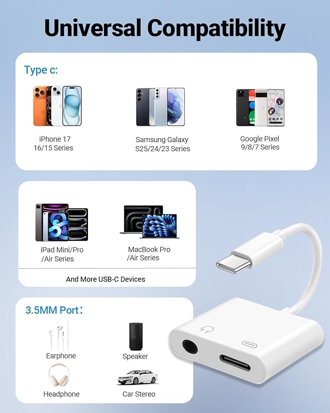 Seulliya USB C to 3.5mm Headphone Jack and Charger Adapter, 2-in-1 Audio & Fast Charging Splitter for Apple iPhone 17/16/15/Pro/Pro Max, iPad, Samsung, Pixel, and More 5Pack