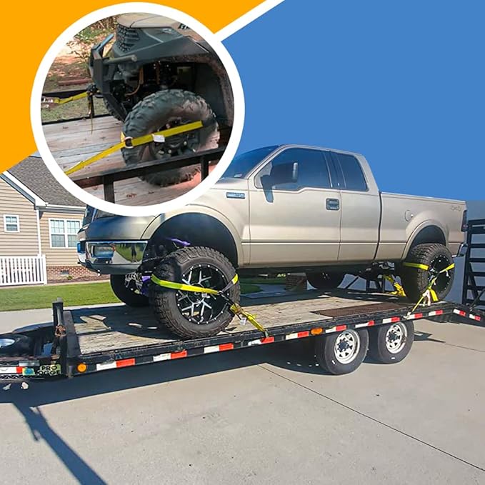 Car Tie Down with Snap Hooks- 4 Pack 2"x96" with 3,300lb Safe Working Load - Adjustable Straps with Snap Hooks Tire Straps for a Car Trailer (Yellow)