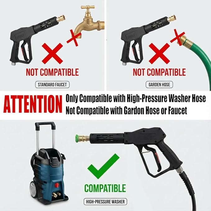 Swivel Pressure Washer Gun,Sturdy 5000PSI Short Power Washer Wand Carwash Spray Foam Gun Handle with 3/8 Plug & M22-14mm & M22-15mm and 1/4 Adapter 5 nozzles