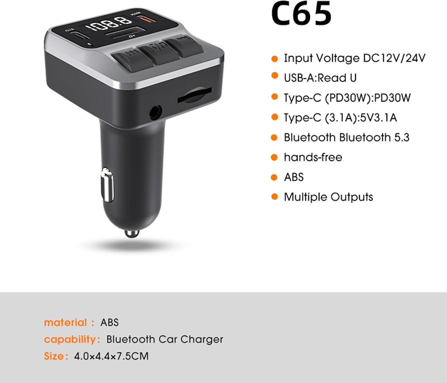 Car Bluetooth 5.3 FM Transmitter,with Dual PD 30W Type-C Car Fast Charging and Support USB Port Bluetooth Adapter, Hands-Free Calling,Support AUX, TF Card,U Disk(C65)