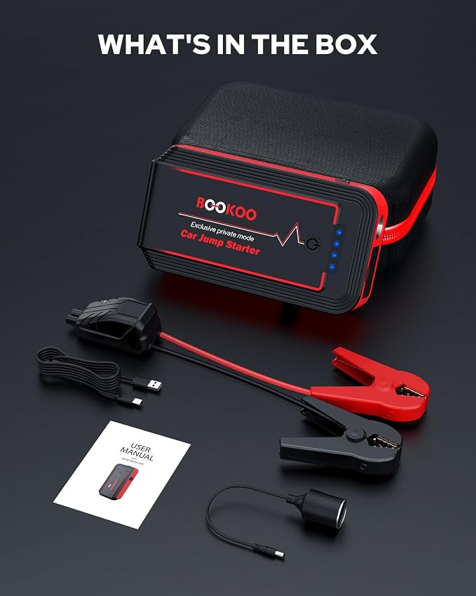 BOOKOO Jump Starter 4000A and 2000A, for Upto 10.0L Gas and 6.5L Diesel Engines, 74Wh Portable Car Battery Jump Starter with Dual USB Port,3 LED Modes,Carry Box