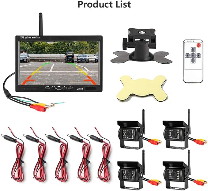 EVERSECU 4pcs Wireless Vehicle Backup Cameras Plus 7" Monitor Parking Assistance System for RV/SUV/Van/Pickup/Truck/Trailer Rear/Side/Front View System Switchable