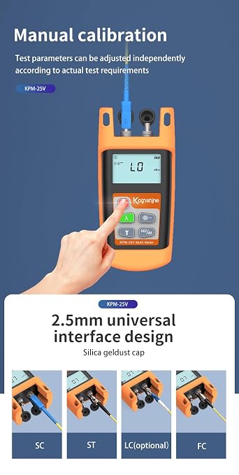 FTTH Fiber Optic Power Meter 7 Wavelengths KPM-25V OPM -70~+10dBm & LED Light & Independent VFL Function Test Distance 5-8km5-8km Accuracy: +0.2dB