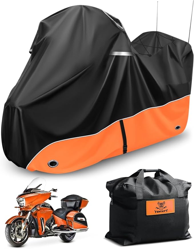Motorcycle Cover, 110 Inch with Side+Top Box Touring Models Specific Vehicle Cover Storage Suitable for Harley-Davidson Ultra Limited, Road Glide Limited, Gold Wing, Road Master Orange
