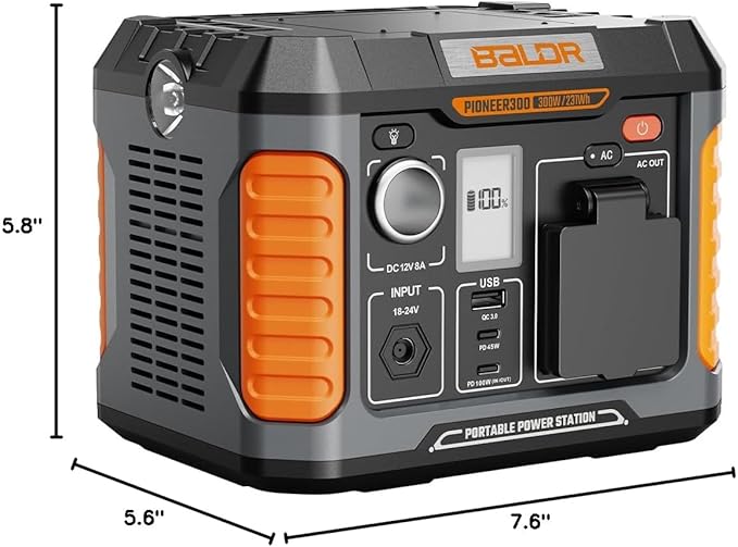 BALDR Portable Power Station 300W 231Wh Power Bank with 100W Two-Way Fast Charging 2Hr to 80% 120V Pure Sine Wave AC Outlet Solar-Ready for Camping and Emergencies. (Solar Panel Optional)