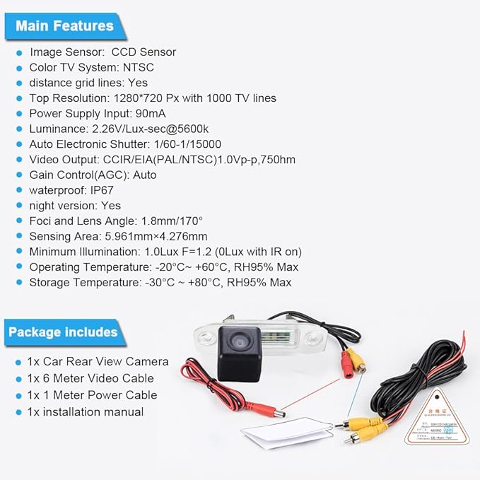 1280 * 720 Pixel Car Backup Vehicle Camera Replacement for Volvo XC60 S60L 156 MK1 2009/04-2017/12 OEM: 31365548 Waterproof Night Vision Reverse Parking Camera
