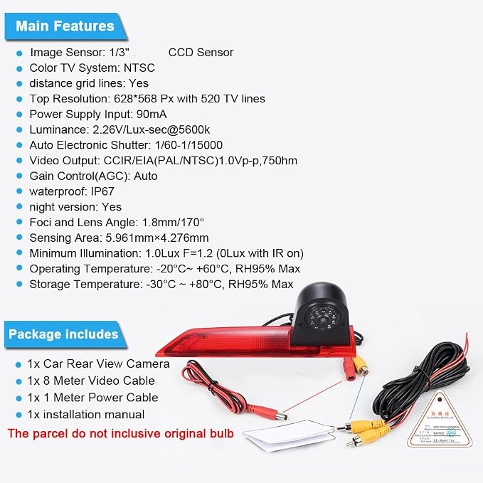 Car Third Roof Top Mount Brake Light 3 Rear View Camera Parking Safety Assistant System, HD Night Vision Waterproof for Ford Transit Custom 2012-2016 Brake Stop lamp Transporter Business MPV SUV Bus