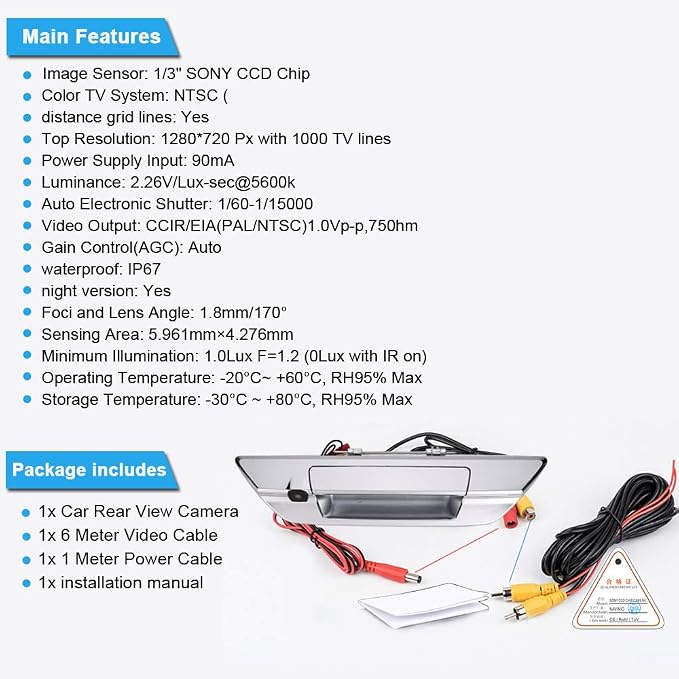 1280 * 720 Pixels HD Car Rear View Trunk Handle Camera Parking Reverse Back up Camera Replacement for Toyota Hilux 8 MK8 Pickup Truck Masters OX AN120 AN130 Revo Rocco Invincible 50 2015-2019