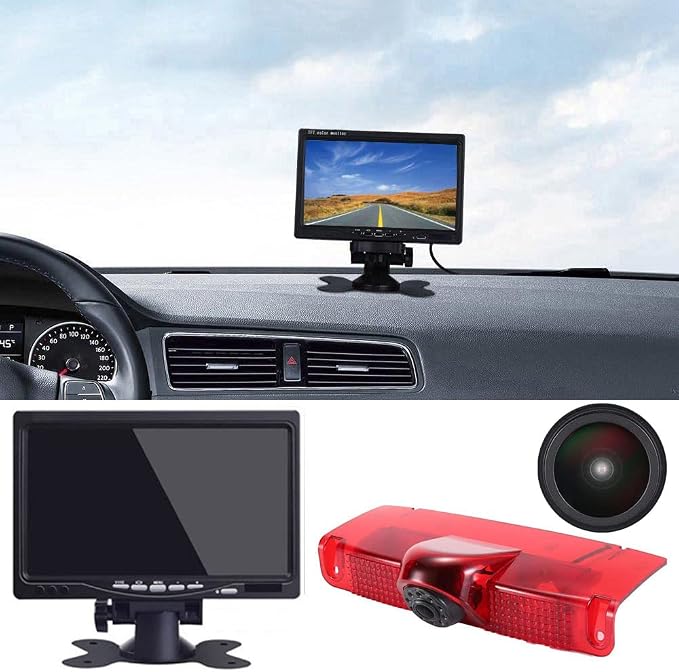 HD IP68 Third Roof Mount Brake Lamp Rear View Reverse Backup Camera Angle and Distance Adjustable Compatible with Chevrolet Express GMC Chevy Savana Exporer Cargo Van (Camera+7''Monitor)