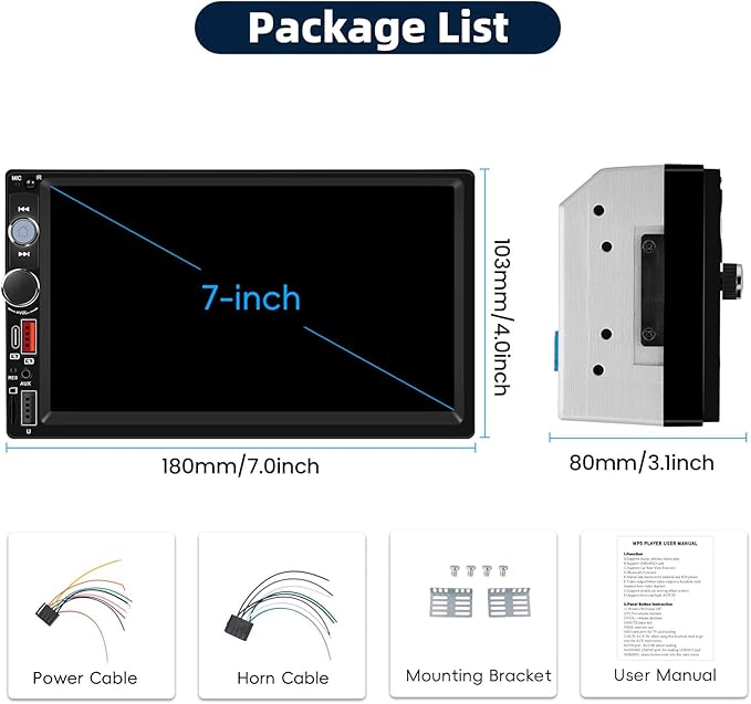 CAMECHO Double Din Car Stereo Radio 7 Inch MP5 Player with HD Touch Screen Multimedia Player with Bluetooth FM Receiver Support Mirrorlink SWC Type C AUX-in USB SD UI ColorLights