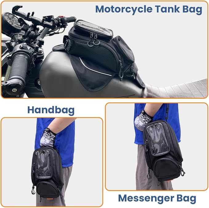 reygeak Motorcycle Tank Bag,Waterproof, with super magnetic thickened magnet Black 1680D PVC petrol tank bag, large window cell phone bag, suitable for Suzuki Kawasaki Honda Harley Yamaha.