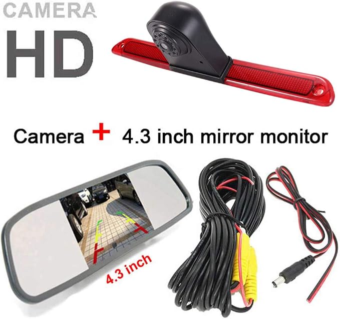 High Roof Mount 3rd Brake Light Rear View Backup Camera+4.3 inch TFT LCD Screen Mirror Replacement for Van Mercedes Benz Sprinter W906/ VW Crafter Caravelle 2007-2015
