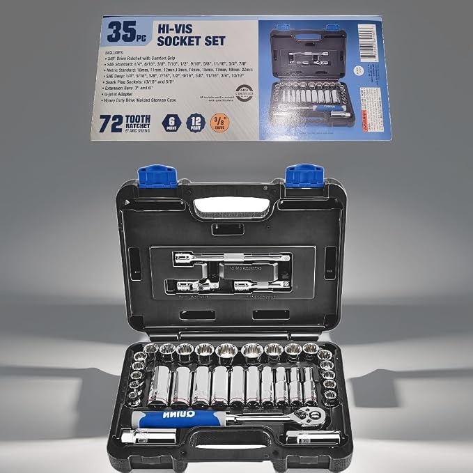 3/8 in. Drive SAE and Metric High Visibility Socket Set, 35-Piece Compatible with Quinn