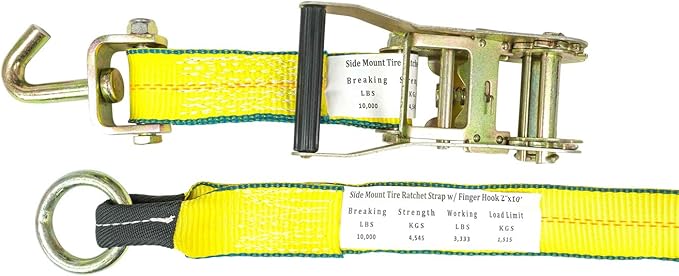 Mytee Products 2" x10' Lasso Ratchet Strap with J Finger Hook Wheel Net Auto Tow Towing Car Hauler Down