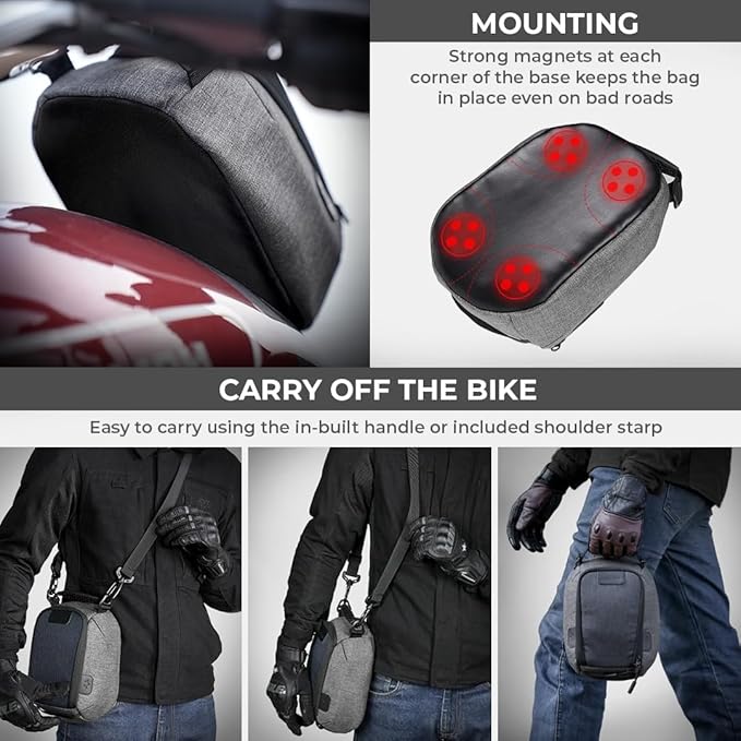 ViaTerra Downtown Magnetic Motorcycle Tank Bag | Easy Access, Shape Retention, External Rain Cover Included | Fits All Metal Tanks